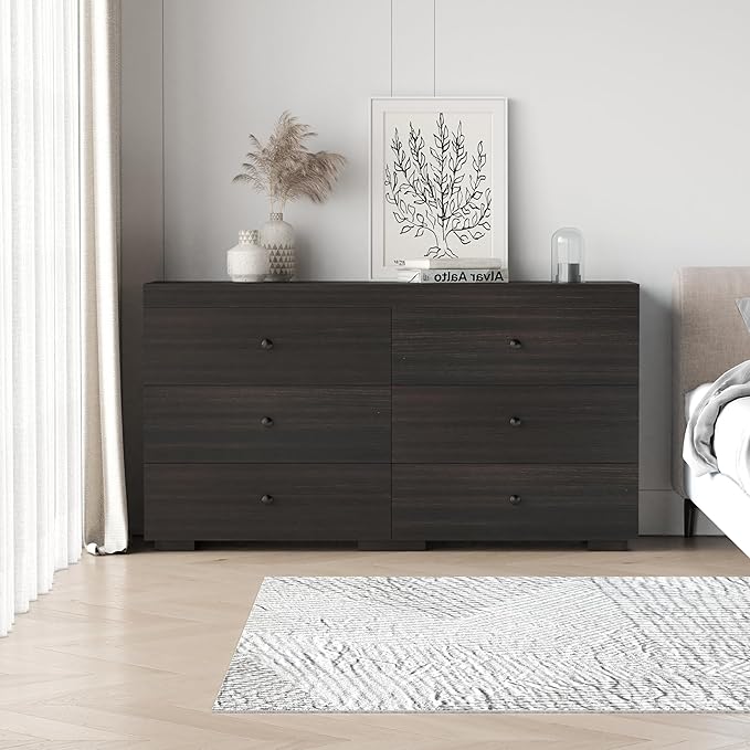 Dresser for Bedroom 6 Drawer Wood Dresser 58.3" Wide, Large Chest of Drawers for Bedroom, Living Room, Hallway, Entryway, Modern TV Stand Drawer Organizer,Dark Brown