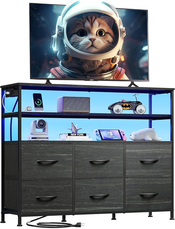 WLIVE Black TV Stand for 40, 45 inch TV, Entertainment Center with LED Lights & Charging Station, TV Media Console Table with 6 Fabric Drawers and Open Shelves for Living Room, Hallway, Wood Top