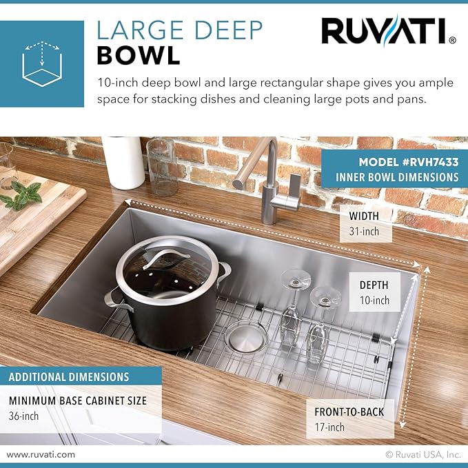 Ruvati 33-inch Undermount 16 Gauge Tight Radius Large Kitchen Sink Stainless Steel Single Bowl - RVH7433