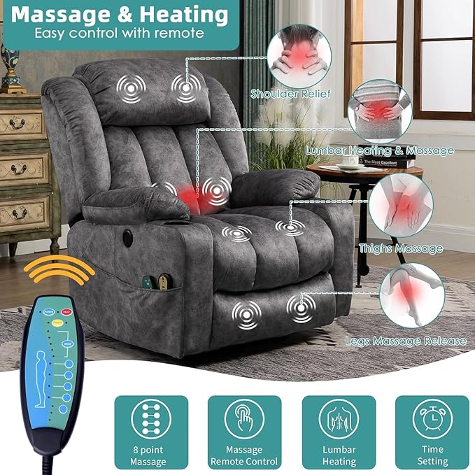 MEETWARM Large Power Lift Electric Recliner Chair with Extended Footrest for Elderly Big Tall Man, Overstuffed Wide Recliner with Massage and Heat, 2 Remote Controls/USB Ports/4 Side Pockets(Grey)