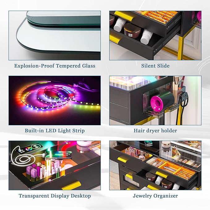 RGB Vanity Desk with Sliding Mirror and Lights, LED Makeup Vanity with Charging Station, Glass Top Dressing Table Set with Jewelry Organizer,6 Drawers,Stool,Shelves for Bedroom (Black)