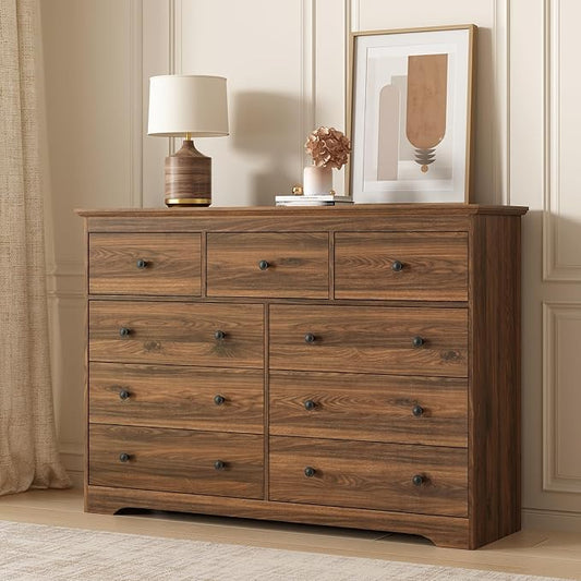 LYNSOM Modern 9 Drawer Dresser, 55.1" Wide Dressers & Chests of Drawers with Large Capacity Storage, Wood Mid Century Storage Dressers Organizer for Bedroom, Hallway, Brown