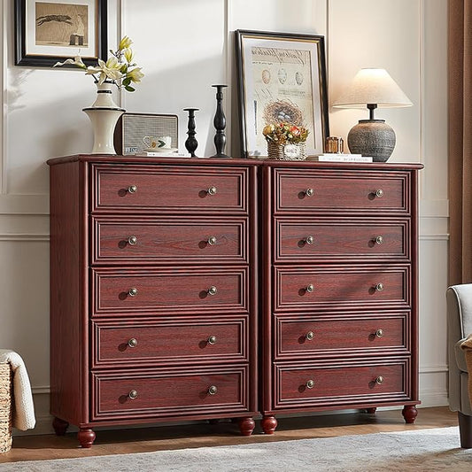 Farmhouse Dresser for Bedroom Set of 2, 5 Drawers Wood 45" Tall Chest of Drawers, Dresser Rustic Storage Dressers Organizer with Metal Handle Closet for Living Room, Hallway Entryway