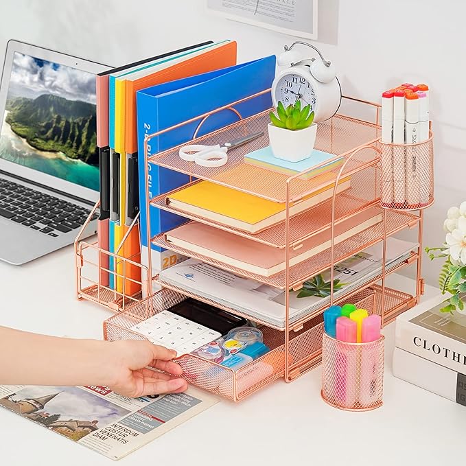 Marbrasse Rose Gold Desk Organizer with File Holder, 5-Tier Paper Letter Tray Organizer and Drawer, Mesh Desktop Storage with Magazine Holder for Office Supplies