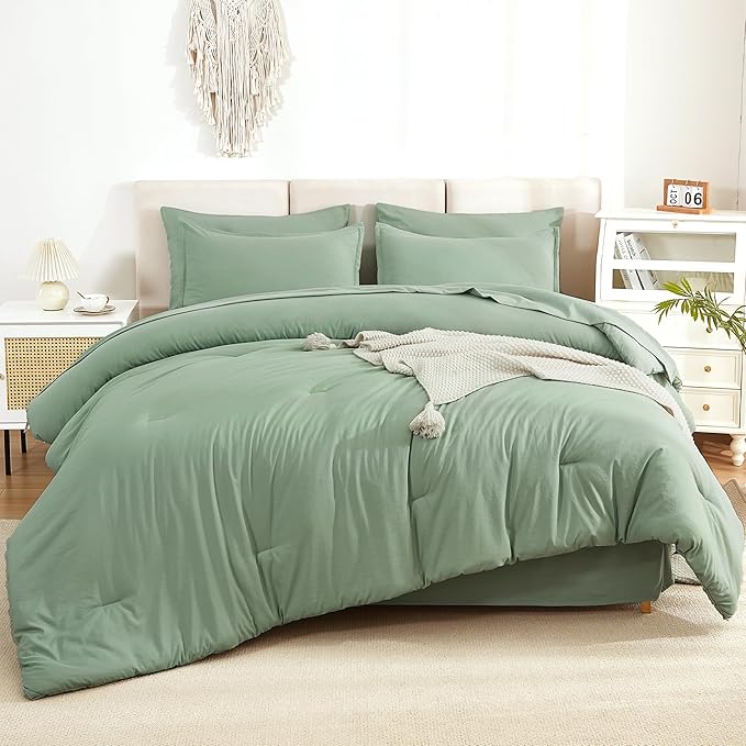 Litanika Comforter Queen Size Set Sage Green - 7 Pieces Bed in a Bag Queen Bedding Comforter Sets, Plain Lightweight Bed Set with Comforter, Sheets, Pillowcases & Shams
