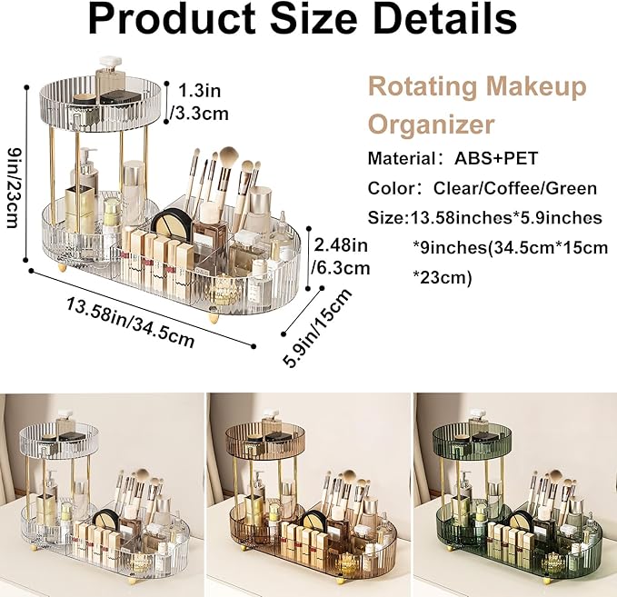DASITON 360° Rotating Makeup Organizer for Vanity, 2 Tier Perfume Cosmetic Skincare Organizers with Makeup Brush Holder, Large Capacity Cosmetic Display Case for Bedroom Bathroom Countertop (Clear)