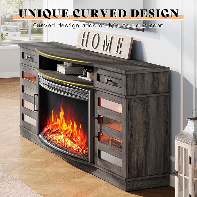 AMERLIFE 70" Farmhouse Fireplace TV Stand with 36'' Curved Electric Fireplace, LED Media Console with 2 Drawers & Adjustable Shelves, Fits 80'' TVs, Wash Gray