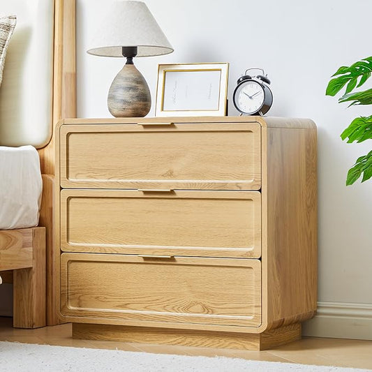 Turtle&Myrtle Modern 3 Drawer Dressers for Bedroom, 26'' Wide Wood Nightstand w/3 Storage Drawers, End Table, Dresser & Chest of Drawers with Curved Profile for Living Room Entryway, Natural