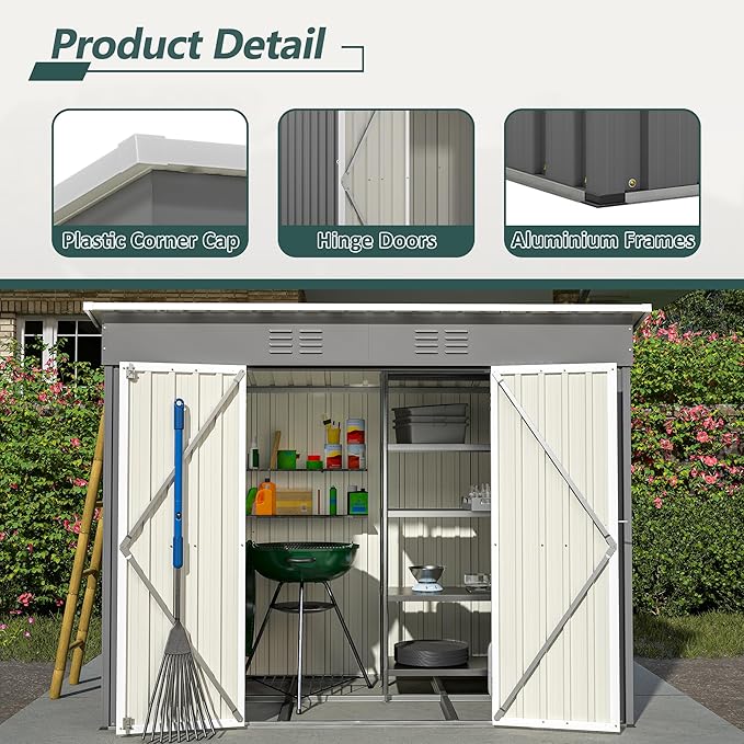8x4 FT Outdoor Storage Metal Shed with Air Vents Sloping Roof Double Lockable Doors Waterproof Tool Galvanized Ideal for Backyard Patio Lawn Gray Shed Storage