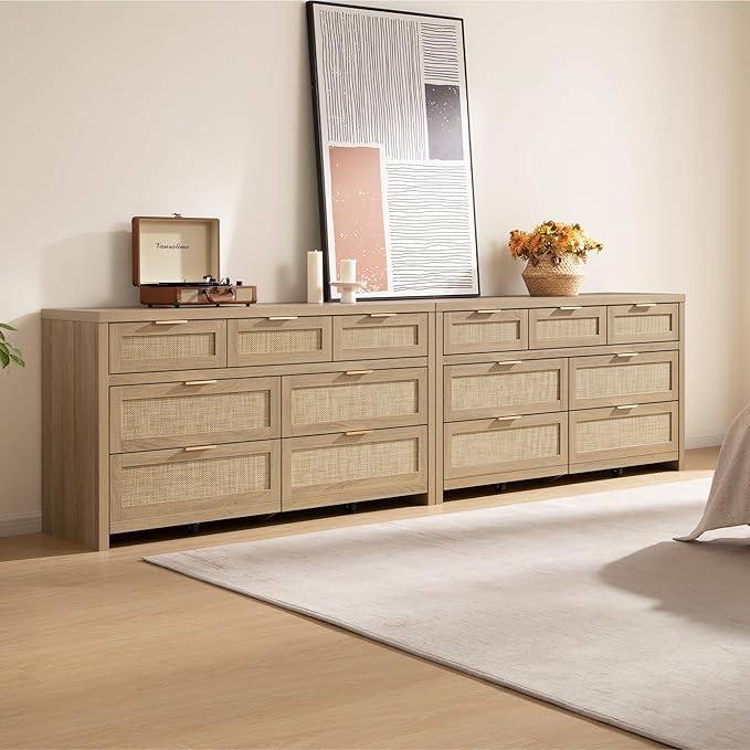 SICOTAS 7 Drawer Dresser for Bedroom, 57" Wide Rattan Dressers, Large Chest of Drawers for Bedroom, Dresser TV Stand, Boho Closet Organizer (Reclaimed Light Oak, 7 Drawers (1 pc))