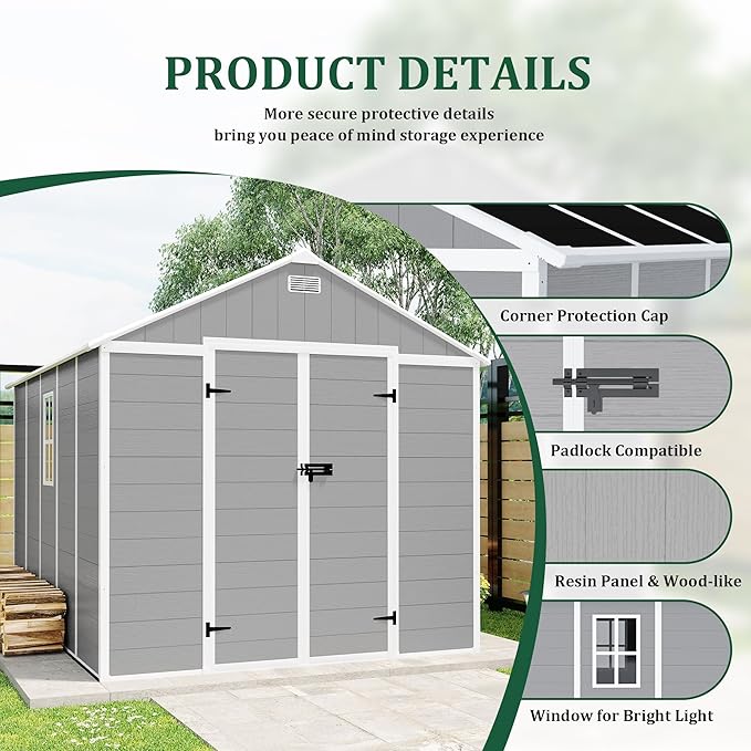 8x8 FT Outdoor Storage Resin Shed with Floor, Plastic Garden Tool Shed with Sloped Roof, Lockable Door & Windows, Easy to Assemble Bike Shed for Lawn, Backyard, Patio, Grey