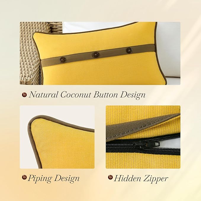 Outdoor Sunbrella Decorative Pillows with Triple Coconut Buttons Pack of 4, 20" x 12" Outdoor Pillow Set for Couch Bed Throw Patio Sofa, Spectrum Daffodil/Canvas Cocoa