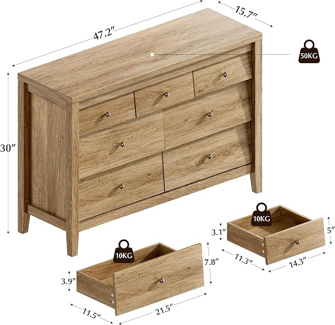 7 Drawers Dresser with Beveled Panel, Farmhouse Chest of Dressers for Bedroom, Wood Dresser TV Stand, Drawer Organizer for Bedroom, Living Room, Hallway, Natural Oak