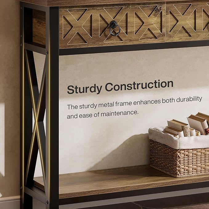 Tribesigns Farmhouse Narrow Console Table with 3 Drawers, 55" Long Rustic Entryway Table with 2-Tier Storage Shelf, Behind The Sofa Furniture for Living Room, Entrance, Hallway, Foyer, Brown & Black