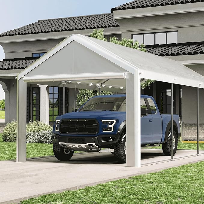 Carport 10x20 Ft, Heavy Duty Car Canopy with Reinforced Ground Bar, Portable Garage with Roll-up Windows and Removable Sidewalls, Galvanized Car Shelter, Large Outdoor Carports (Grey)