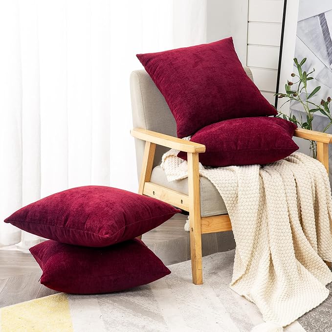 GAWAMAY Decorative Square Throw Pillow Covers 18"x18" Inch Set of 4, Super Soft Chenille Pillows Cover Fall Pillowcase for Living Room Bedroom Sofa Couch Cushion Cover Burgundy Red 45x45cm