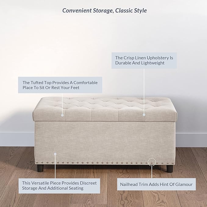 BELLEZE 35" Tufted Ottoman, Storage Bench with Safety Close Hinge, Ottoman with Storage for Living Room, Entryway, Hallway, Foot Rest, Support 300lbs - Beige