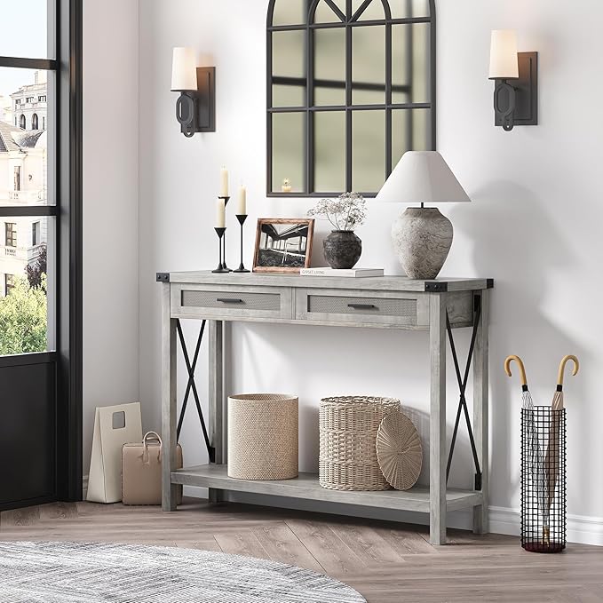IDEALHOUSE Farmhouse Entryway Table, Grey Console Table with Rattan Drawers, 43" Sofa Table with Storage, Console Tables for Entryway, Living Room, Hallway, Foyer-Grey