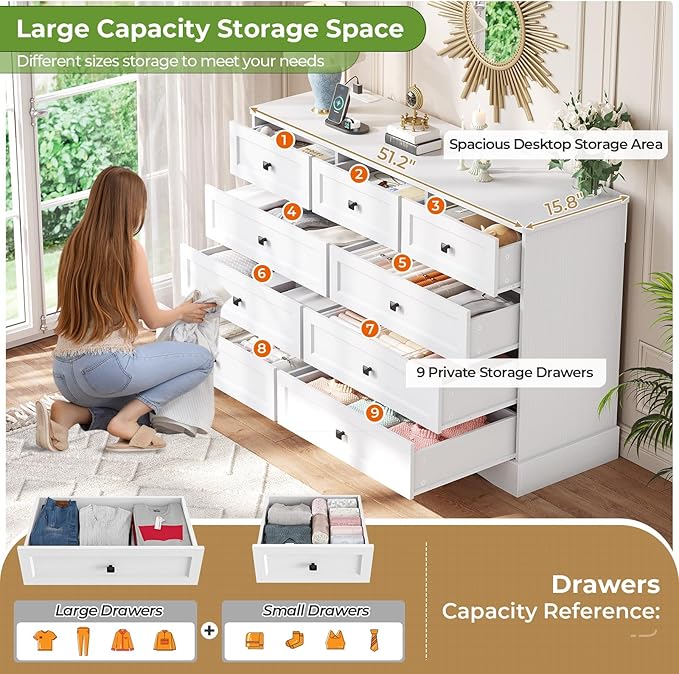 Hasuit White Dresser for Bedroom with 9 Drawers, 51.2" Large Drawer Dressers with Charging Station, Wide Farmhouse Dressers Chest of Drawers, Wooden Storage Tower Organizer, Dresser for Bedroom Closet