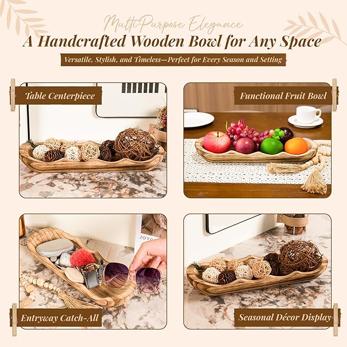 Wavy Edge Wooden Dough Bowl for Decor 16" L Lightweight Paulownia Wood Hand Carved Decorative Wooden Farmhouse Fruit Bowl Handmade, Home Decoration Centerpiece, Table Display Bowl
