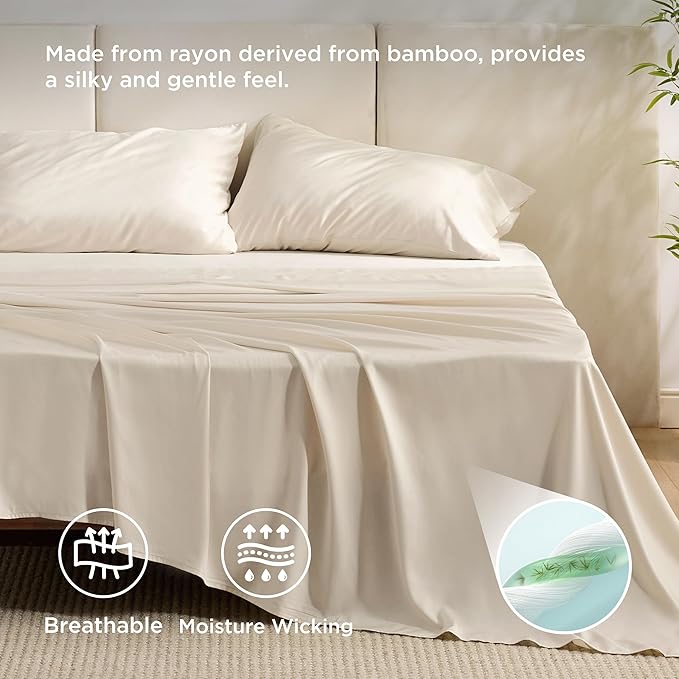 Bedsure King Size Sheets Set, Cooling Sheets for Hot Sleepers, Rayon Derived from Bamboo, Breathable & Soft, Deep Pocket Up to 16 Inches, Hotel Luxury Silky Bedding, Light Beige