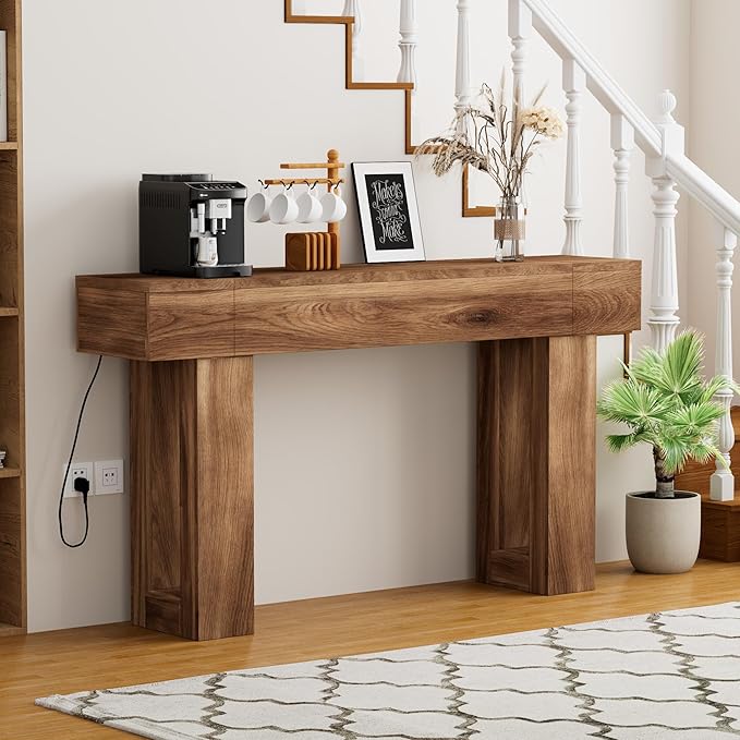 63 Inch Long Console Table, Narrow Rectangular Sofa Table Behind The Couch, Farmhouse Entryway Table for Entrance, Hallway, Living Room (Brown)
