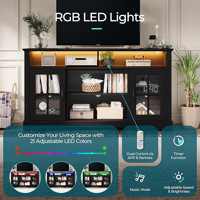 LINSY HOME TV Stand for 65 Inch TV, 32" Tall Entertainment Center with LED Lights and Glass Door Storage Cabinet, Modern Farmhouse TV Media Console Table for Living Room, Black