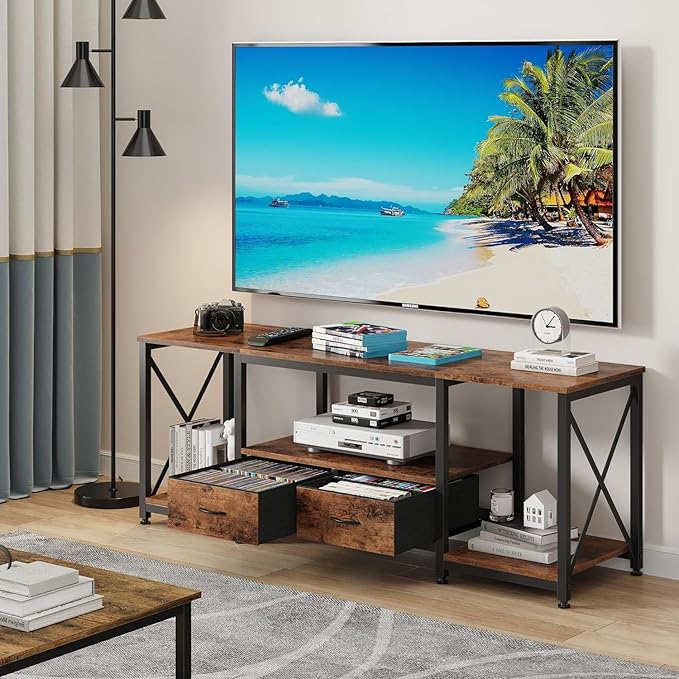 TV Stand with Fabric Drawer for 50 55 Inches TV - Entertainment Center and Industrial TV Console Table with Open Storage Shelves for Living Room, Bedroom - 47" Rustic Brown