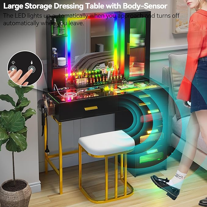HENBC Vanity with Mirror and LED Lights, Glass Top Vanity Desk with Charging Station(Wireless+USB+Type-C), RGB Makeup Table Set with Stool/Makeup Organizer/6 Drawers (Black)