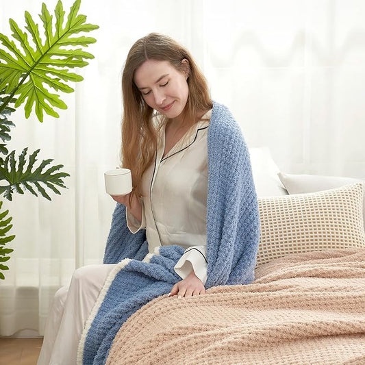 Snuggle Sac Blue Waffle Throw Blanket for Couch Bed Sofa 60x80 inches, Reversible Blue Blanket Microfiber Fluffy Fuzzy Cozy Knit Twin Blanket for Women Mothers Birthday Gifts