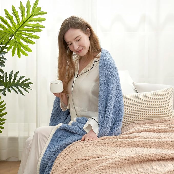 Snuggle Sac Blue Waffle Bedding Blankets Queen Size 90x90 inches, Reversible Microfiber Fluffy Fuzzy Soft Throw Cozy Knit Blanket for Women Mothers Birthday Gifts