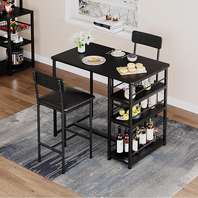 GAOMON Dining Table Set for 2, Kitchen Table and Chairs for 2 with Upholstered Chairs, 3 Piece Counter Height Bar Kitchen Table Set with 3 Storage Shelves for Small Space, Apartment, Rustic Black