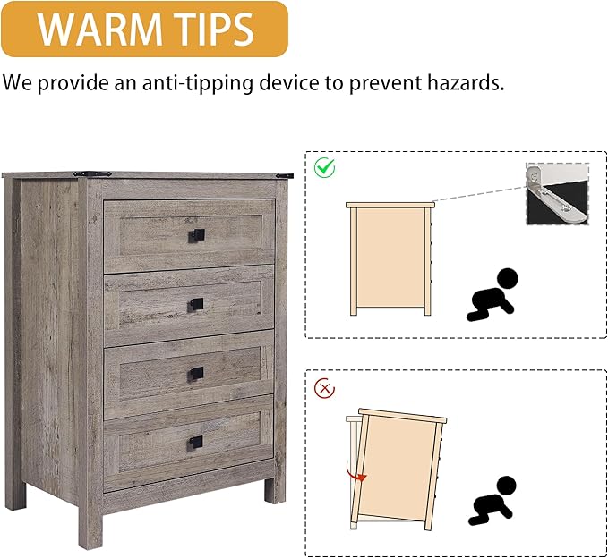 Farmhouse 4 Drawer Dresser for Bedroom, 24" Wide Wood Dresser with Metal Handle for Bed Room, Hallway, Light Grey Rustic Oak