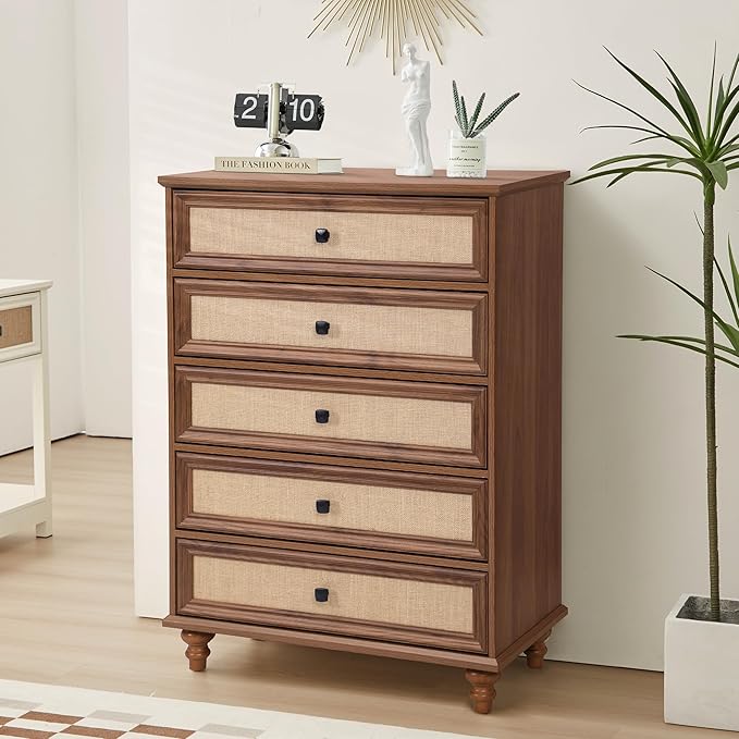 ORRD 10 Drawer Dresser for Bedroom, Mid Century Modern Wide Wood Rustic Chest of Drawers Wooden Storage Organizer Dressers with Rattan Burlap Drawers for Living Room, Hallway Closet, Entryway, Walnut