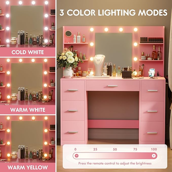 VICTONE Vanity Desk with LED Lighted Mirror&Power Outlet, 3 Model Lights Makeup Vanity Table with 7 Drawers and 6 Storage Shelves for Bedroom and Dressing Room (Light Pink)