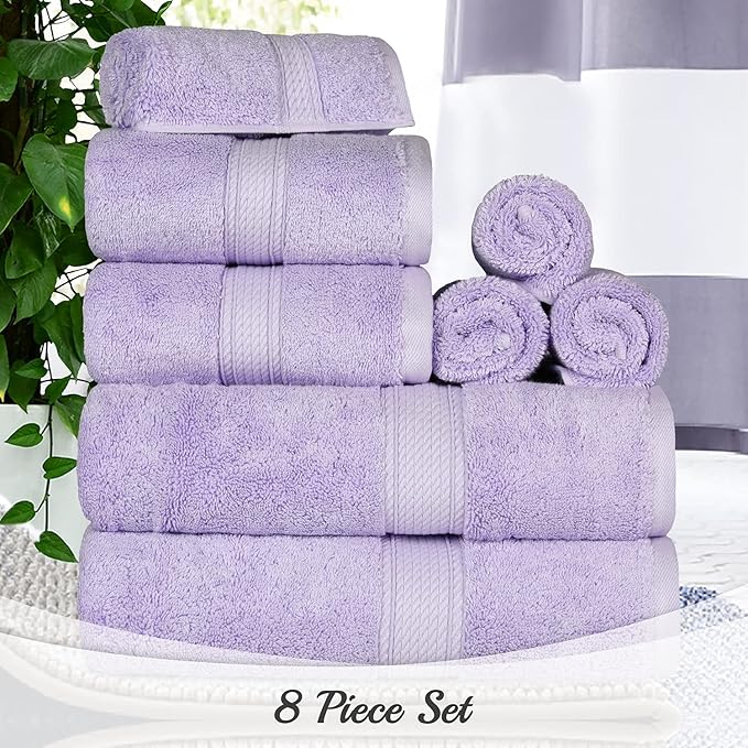 Superior Egyptian Cotton Pile 8 Piece Towel Set, Includes 2 Bath, 2 Hand, 4 Face Towels/Washcloths, Ultra Soft Luxury Towels, Thick Plush Essentials, Guest Bath, Spa, Hotel Bathroom, Purple