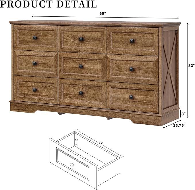 Farmhouse 9 Drawers Dresser Chests for Bedroom, 9 Drawers TV Stand, Long Wood Dressers Organizer for Closet, Modern Storage Organizer Cabinet for Bedroom, Hallway & Entryway, Natural Oak