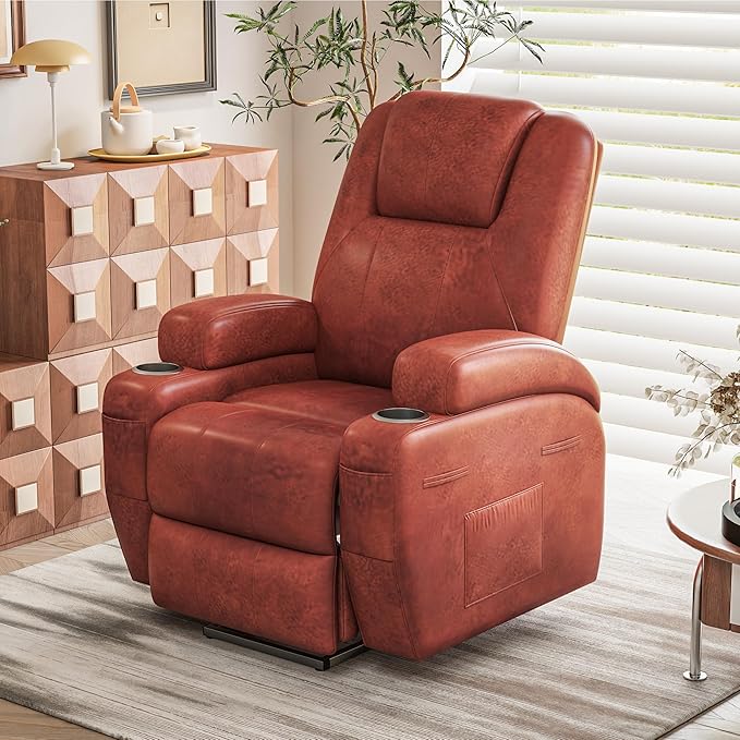Electric Power Lift Recliner Chair with Massage for Elderly Corduroy Fabric Recliner Single Sofa with Cup Holders, Side Pockets and Remote Control for Living Room Bedroom (Leathaire, Brown)