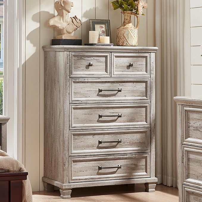 Farmhouse 6 Drawer Dresser for Bedroom, 45 Inch Tall Vintage Wood Chest of Drawers, Rustic Dressers w/Square Wooden Legs, Mid-Century Storage Organizer for Living Room, Hallway, Grey