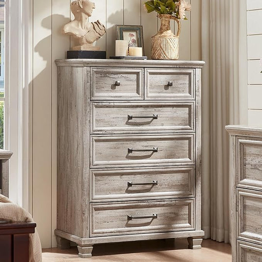 Farmhouse 6 Drawer Dresser for Bedroom, 45 Inch Tall Vintage Wood Chest of Drawers, Rustic Dressers w/Square Wooden Legs, Mid-Century Storage Organizer for Living Room, Hallway, Grey