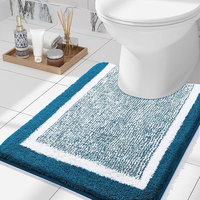OLANLY Toilet Rugs U-Shaped 24x20, Extra Soft and Absorbent Microfiber Bathroom Rugs, Non-Slip, Machine Wash Dry, Plush Shaggy Contour Bath Mats for Toilet Base (Peacock Blue and White)