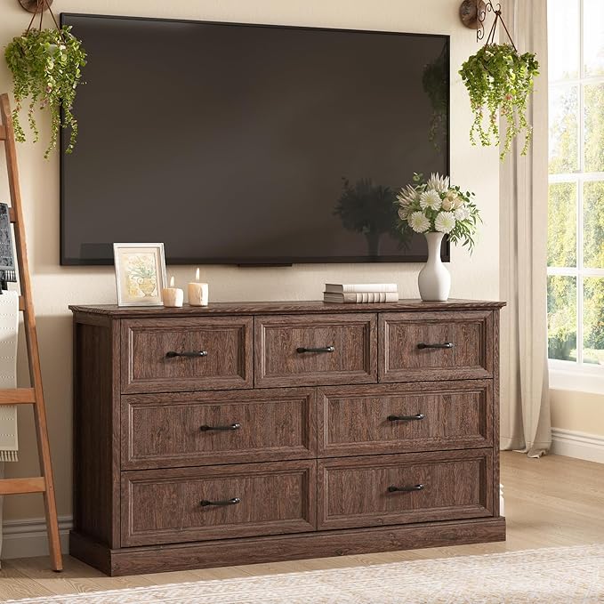 Farmhouse 7 Drawer Dresser for Bedroom, 55 Inch Wide Modern Brown Dresser TV Stand with Large Drawers & Bar Handles, Rustic Wood Chest of Drawers for Bedroom, Living Room, Hallway, Entryway.