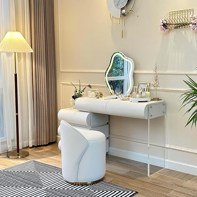 homary White Makeup Vanity Set with LED Mirror and Dressing Stool, Modern PU Leather Dressing Table with Drawers for Bedroom, Ideal for Women Girls (White)