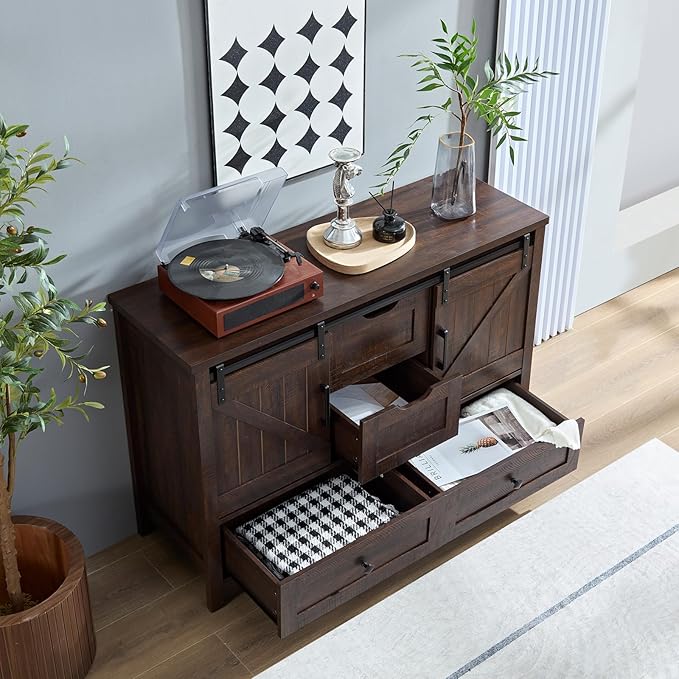 Farmhouse Dresser for Bedroom, 4 Drawers with Sliding Barn Door, 48" Wide 4 Chest of Drawers, Storage Organizer Dresser for Bedroom, Hallway, Living Room, Kids Room, Espresso