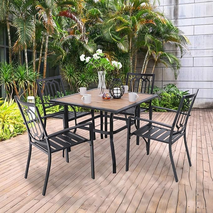 PHI VILLA Patio Wood-Like 37 inch Square Dining Table and Bistro Chairs Furniture Set of 5