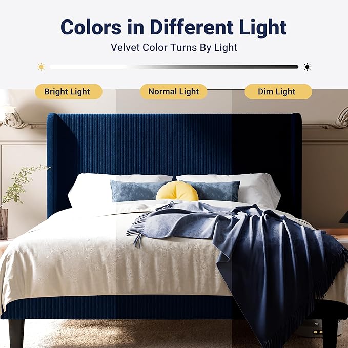 Allewie Queen Size Bed Frame with Upholstered Wingback Headboard, Vertical Channel Tufted Corduroy Velvet Platform Bed, Strong Wooden Slats Support, No Box Spring Needed, Easy Assembly, Dark Blue