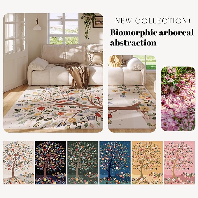 Bedroom Rug 3x5 Rug Washable Area Rug Bohemian Non Slip Low Pile Floral Tree Small Carpet for Bedroom, Bedside, Kitchen, Entryway, Kids Room, Office, Beige