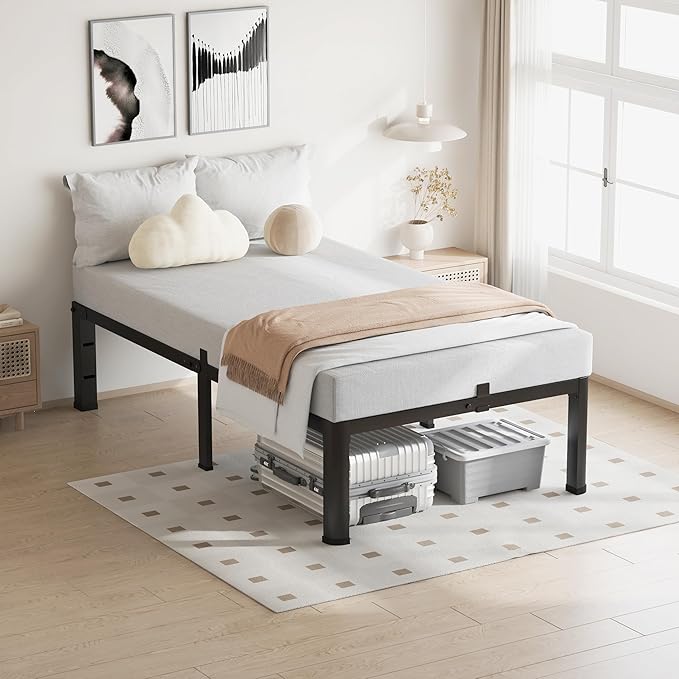 18 Inch Twin XL Bed Frame, 3500Lbs Heavy Duty Metal Platform with Round Corner Legs Mattress Slide Stopper, Steel Slat Support No Box Spring Needed, Noise Free, Non-Slip, Easy Assembly