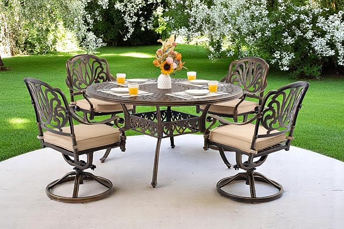 5 Piece Outdoor Dining Set Cast Aluminum, Retro Patio Dining Furniture Set for 4 Includes 54’’ Round Table 4 Swivel Chairs with Thicker Cushion and Umbrella Hole for Patio Deck Garden