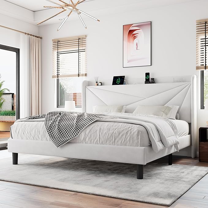 King Size Upholstered Bed Frame with Charging Station, Platform Bed Frame with Storage Headboard, Solid Wood Slats Support, No Box Spring Needed, White